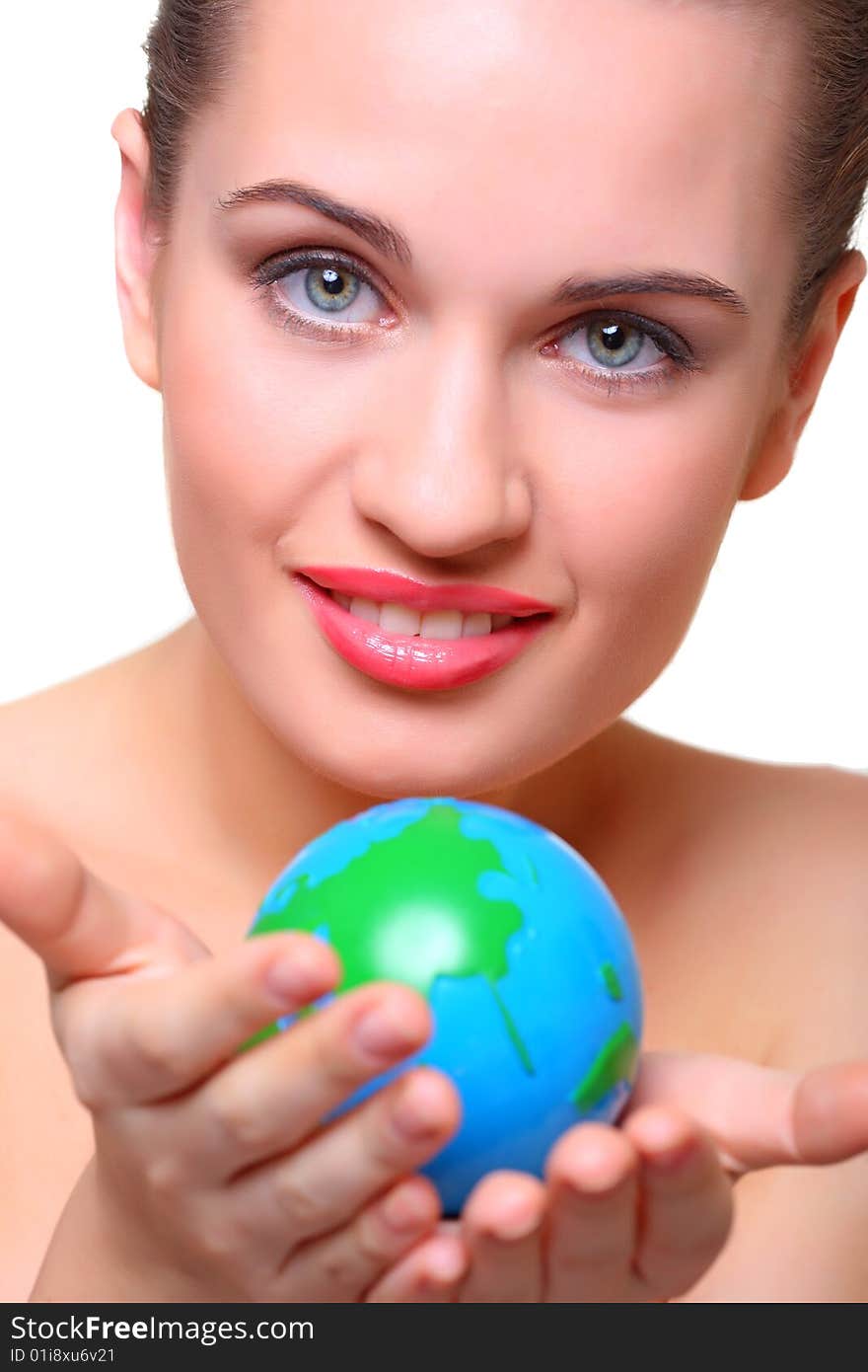 Beautiful girl and small globes. Beautiful girl and small globes