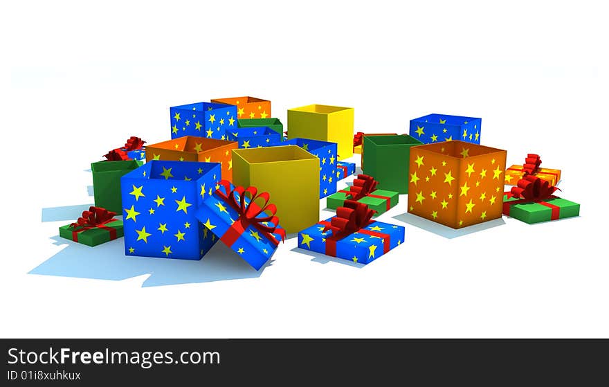 Opened multicolor gift boxes - 3d isolated illustration on white