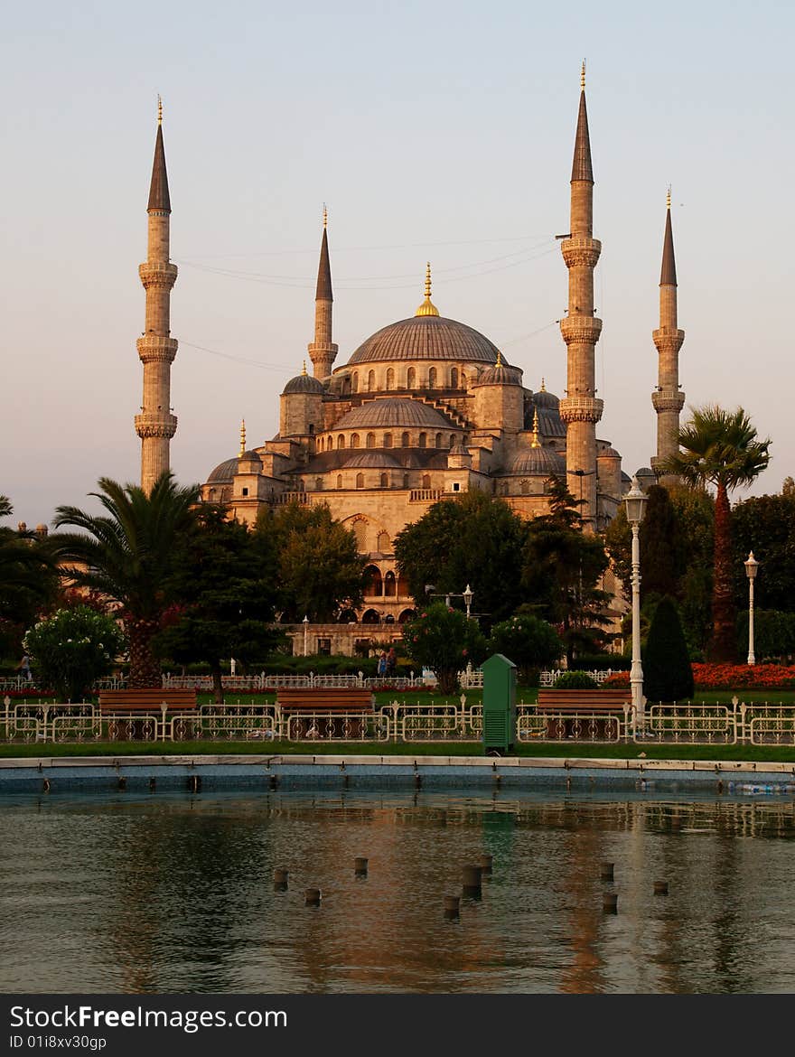 The Blue Mosque, Istanbul, Turkey, bathed in the light of the morning sun.