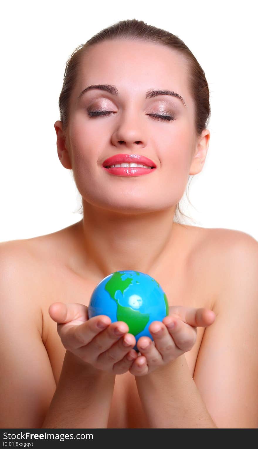 Beautiful girl and small globes. Beautiful girl and small globes