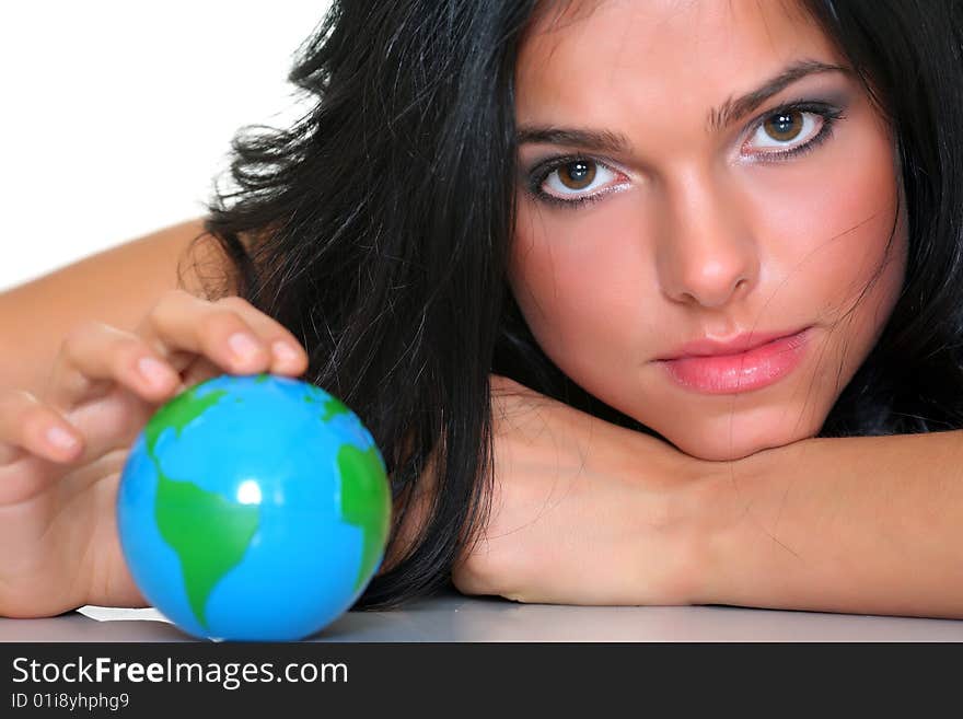 Beautiful girl and small globes. Beautiful girl and small globes