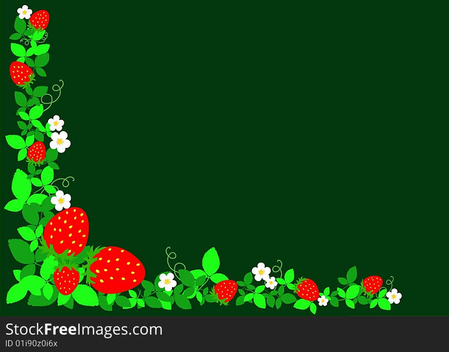 Vector strawberries with sheets on dark green background