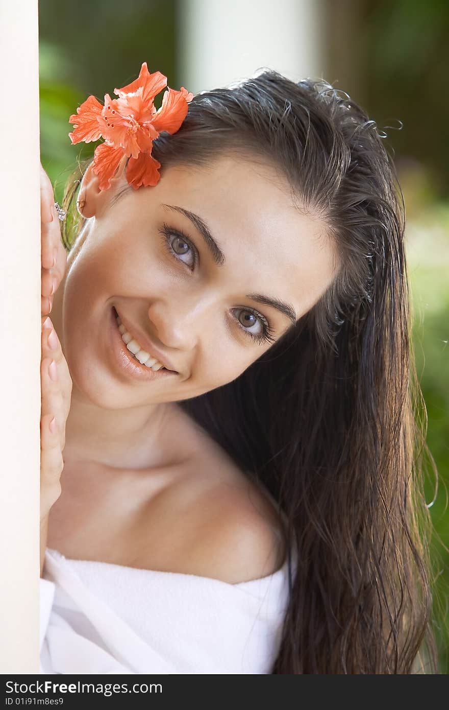 Portrait of young pretty woman in summer environment. Portrait of young pretty woman in summer environment