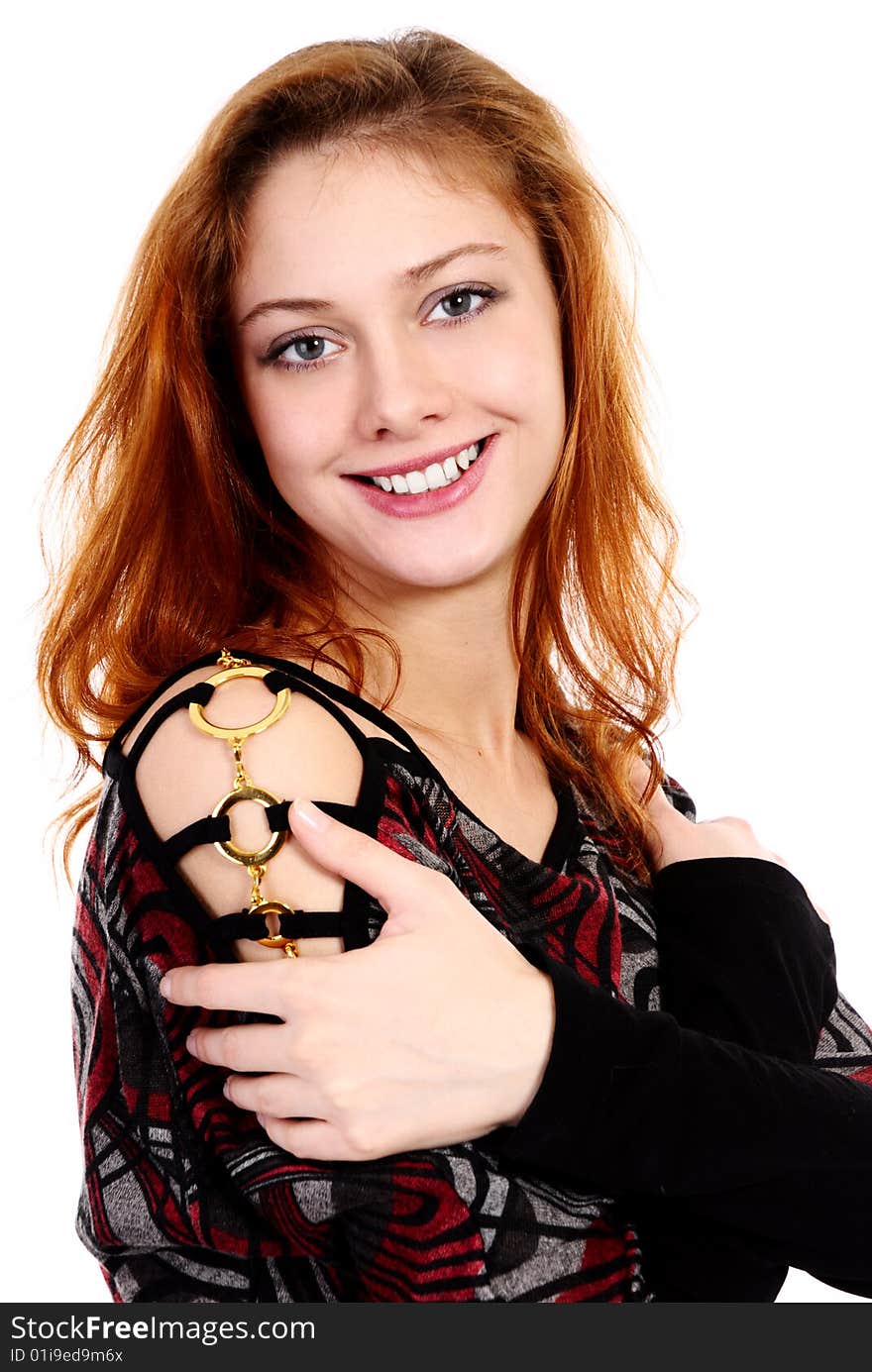 Young beautiful  girl on white background.