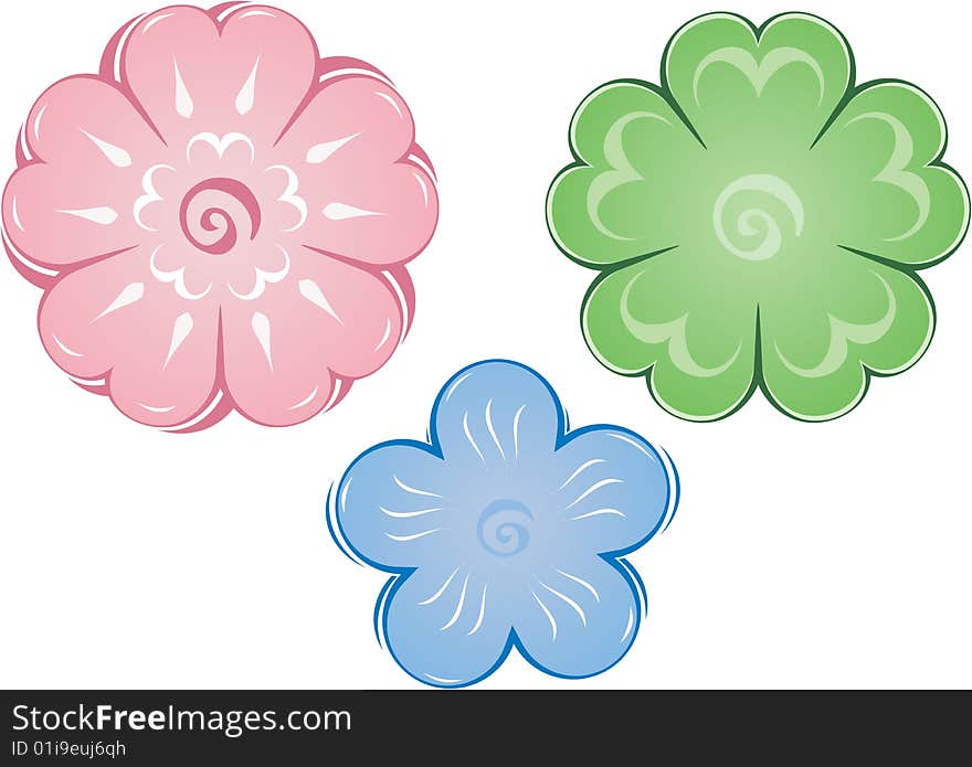 Three different flowers. Pink, Green, Blue.