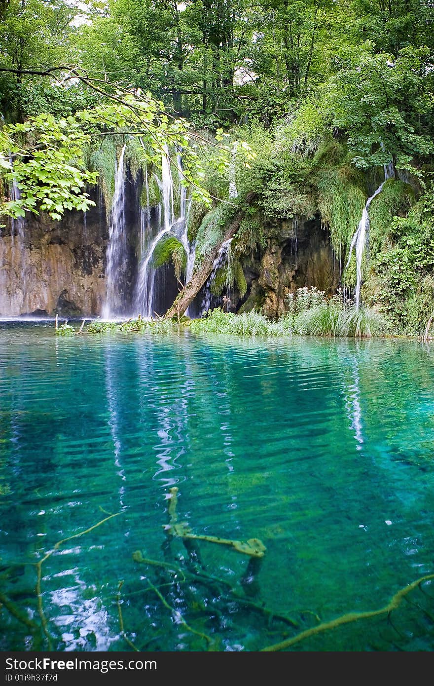 Beautiful waterfall and lake with sky  blue  water