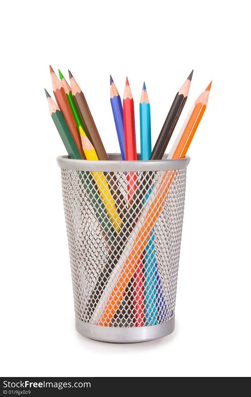 Coloured pencils in plastic glass isolated on white background