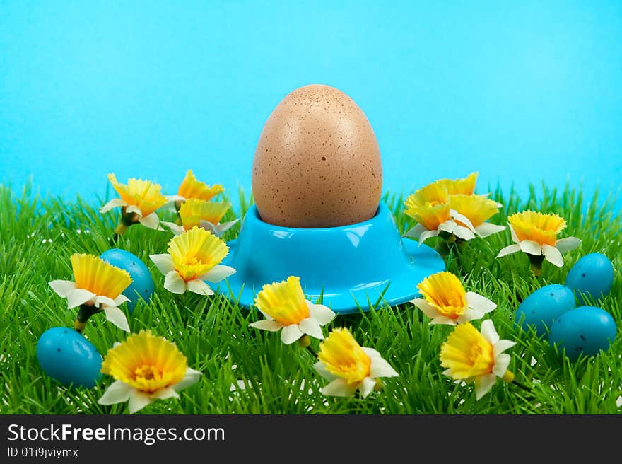 Easter eggs in spring with a blue sky background