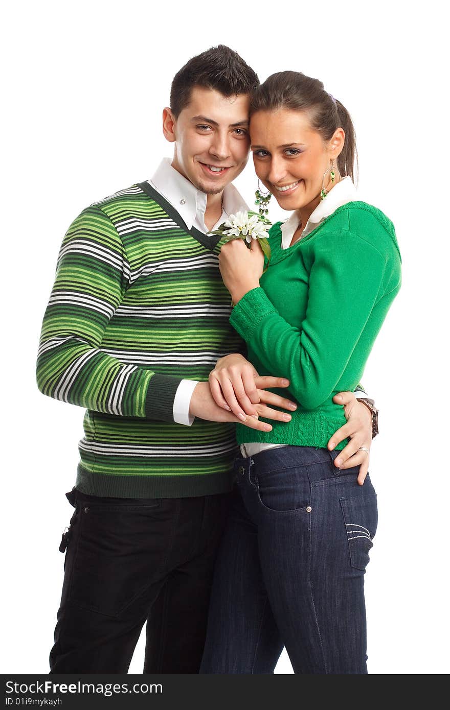 Happy young couple having fun, isolated on white