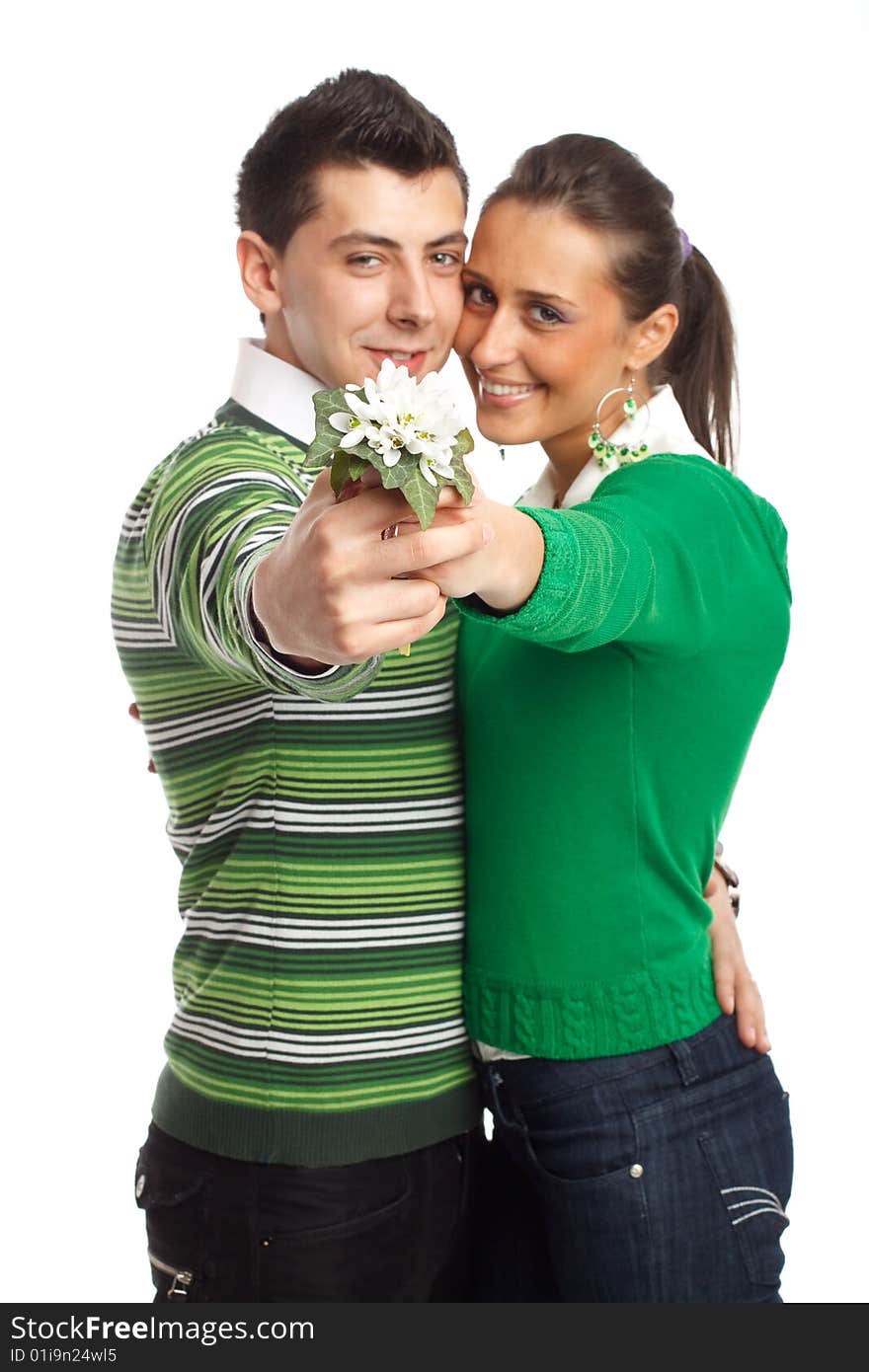 Happy young couple having fun, isolated on white