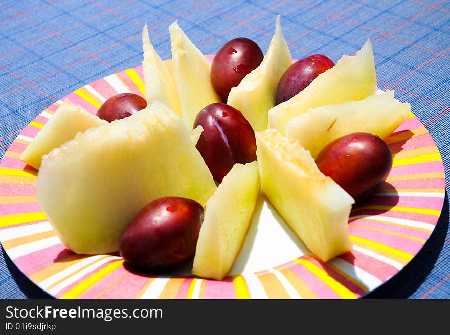 Plate Of Plums And Melon