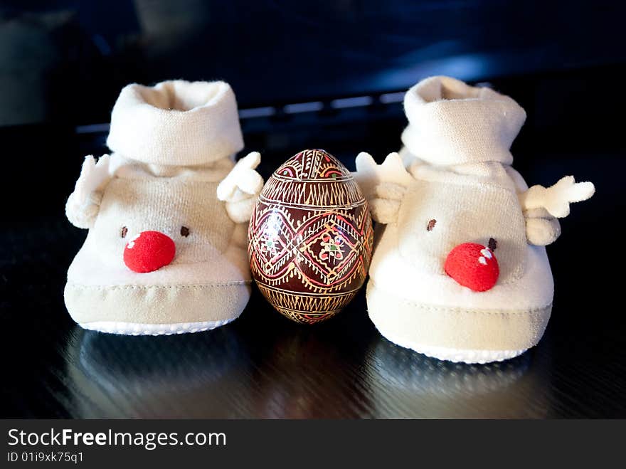 Two funny shoe with easter egg. Two funny shoe with easter egg