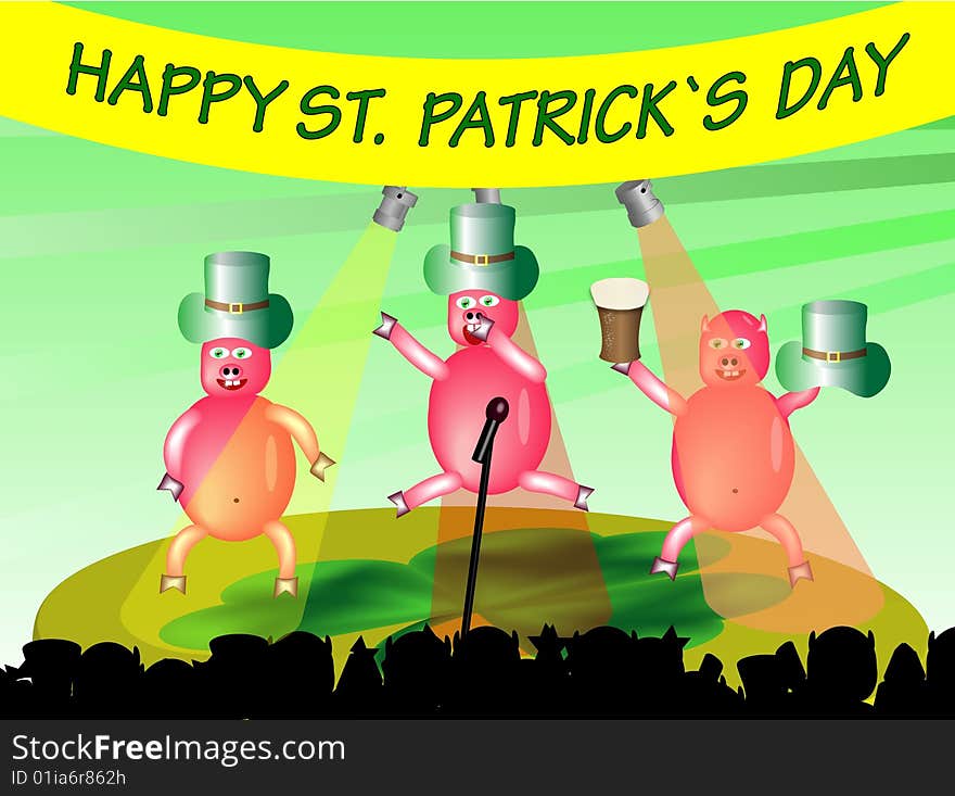 Happy st. patrick`s day. Dancing, funy, party pigs.