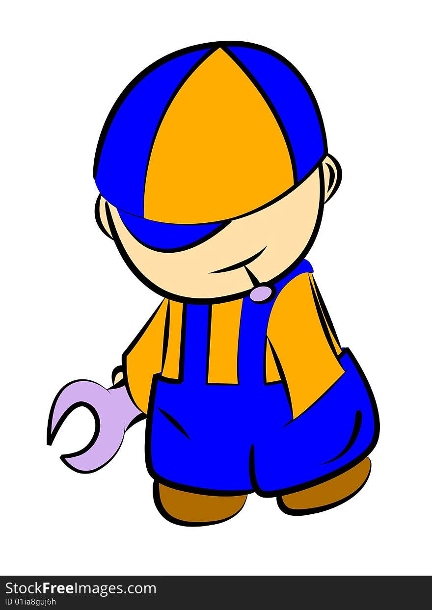 Little repairman in a colour cap, holds a wrench one hand, and another hand climbs in a pocket behind a nail. Little repairman in a colour cap, holds a wrench one hand, and another hand climbs in a pocket behind a nail