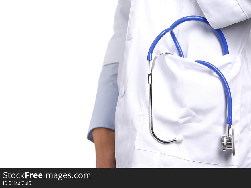 Woman doctor holding stethiscope isolated on white