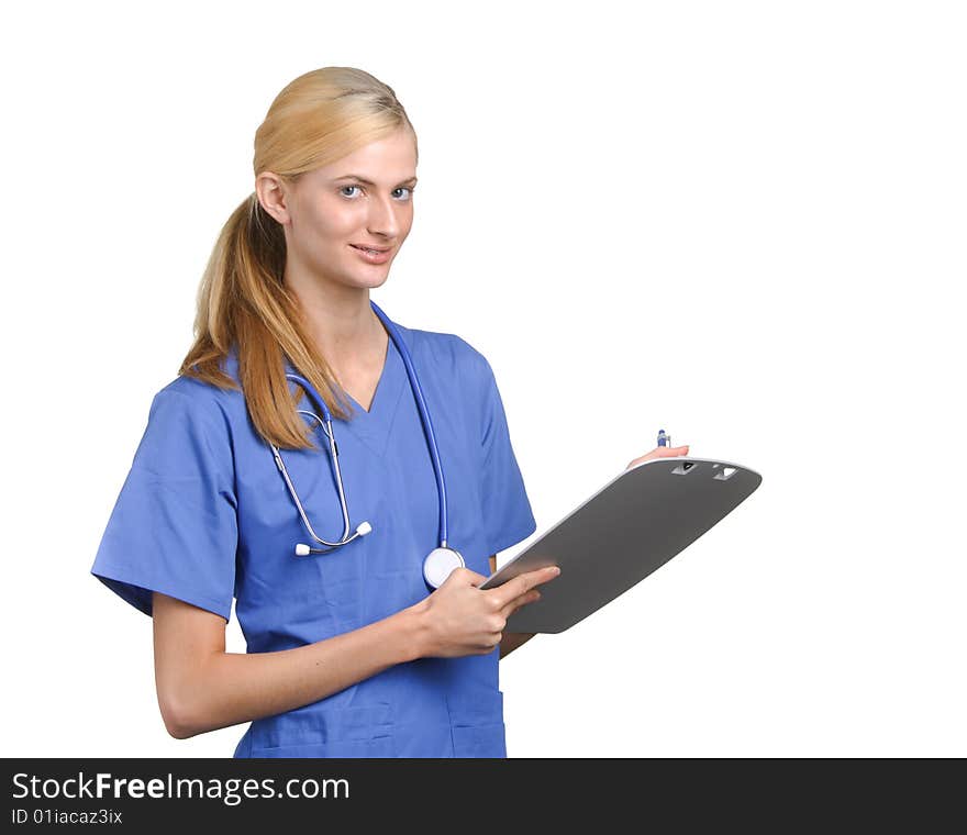 Woman doctor holding chart isolated on white