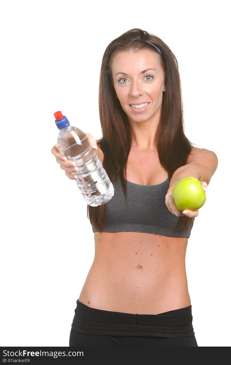 Fitness woman apple and water isolated on white