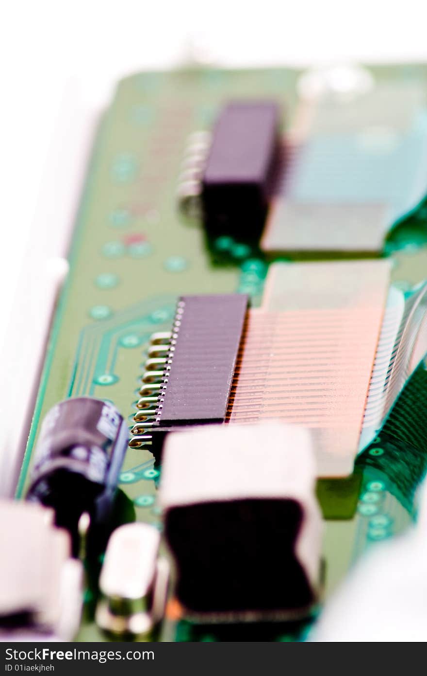 Detail of computer circuit board studio over white