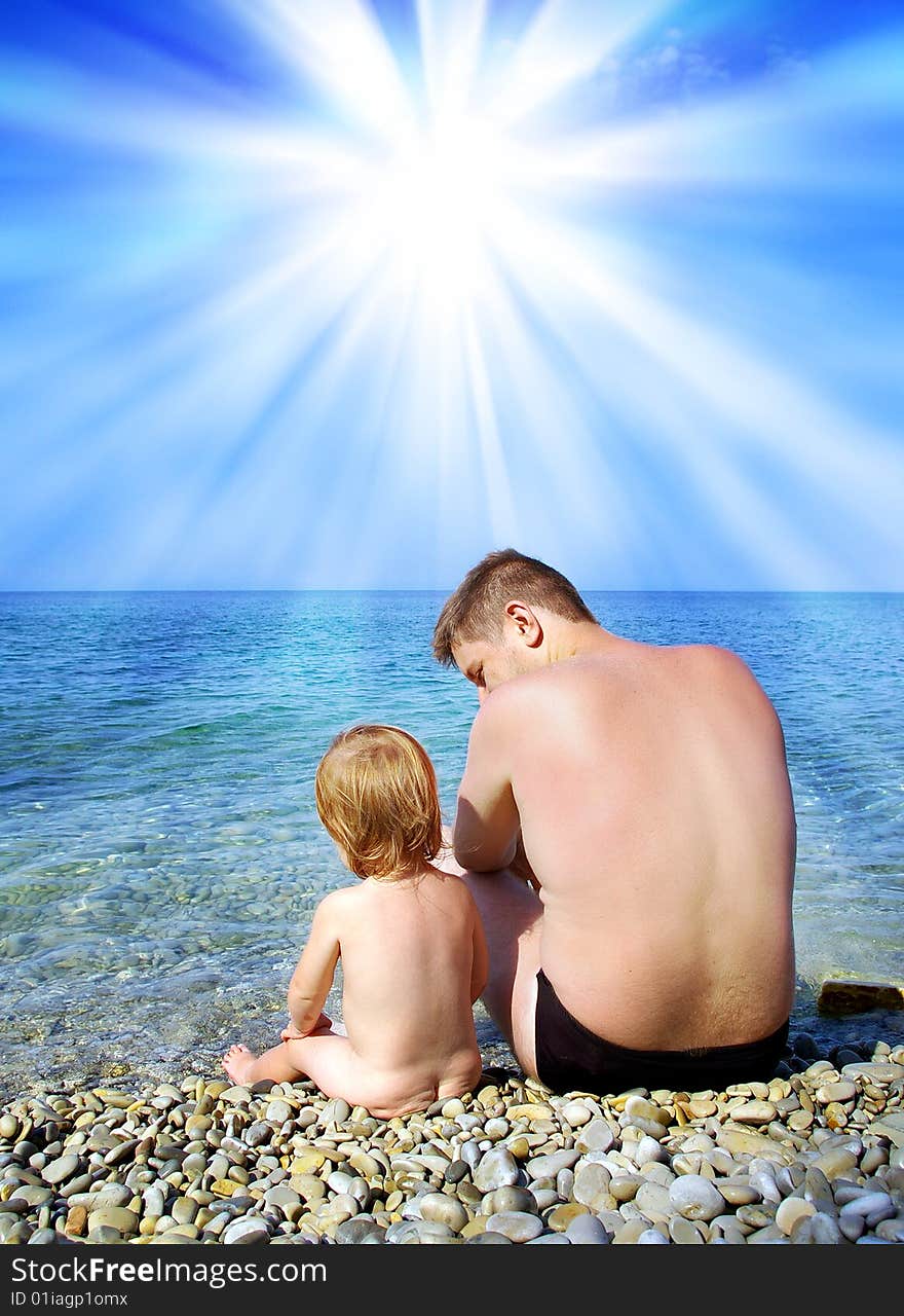 Happy family in clear summer day on the sea