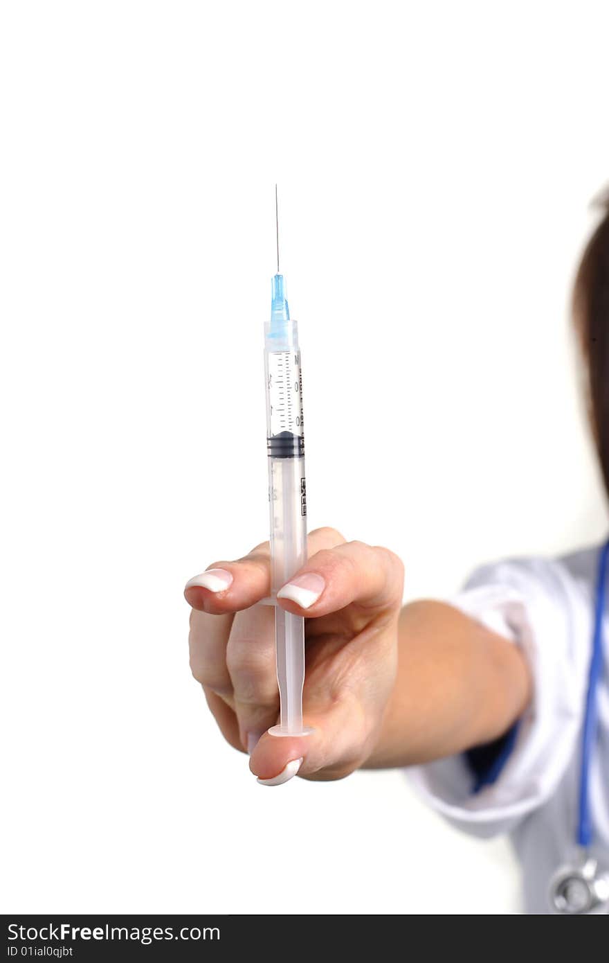 Female Doctor holding a syringe isolated on white