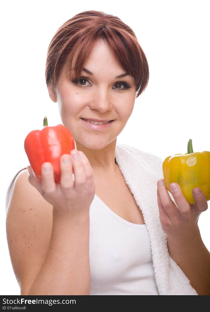 Healthy woman with pepper. over white background. Healthy woman with pepper. over white background