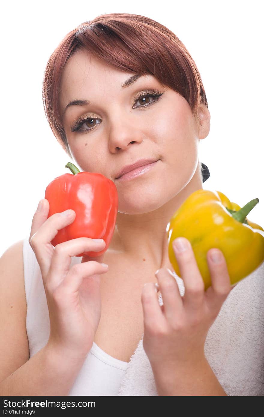 Healthy woman with pepper. over white background. Healthy woman with pepper. over white background