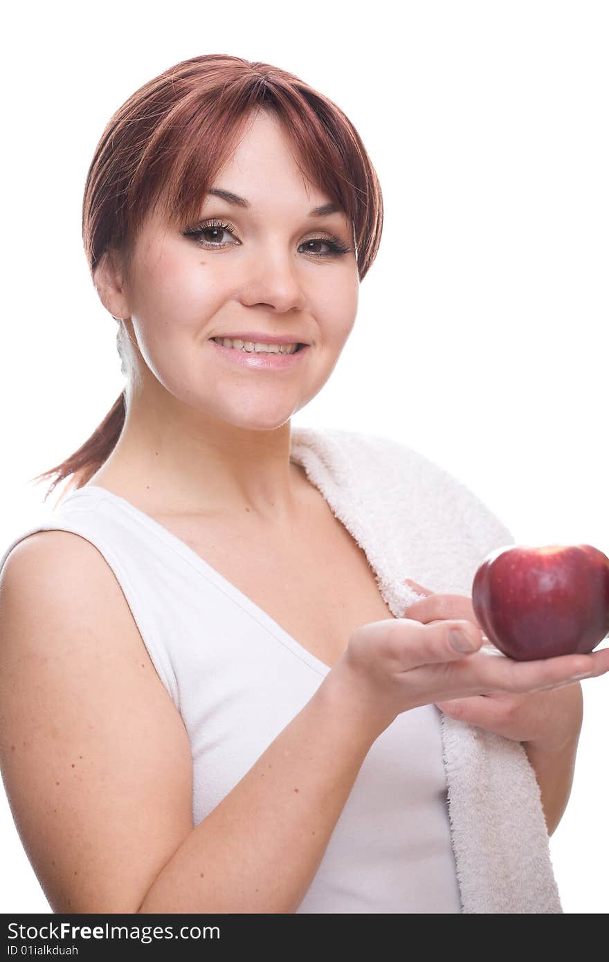 Healthy woman with apple. over white background. Healthy woman with apple. over white background