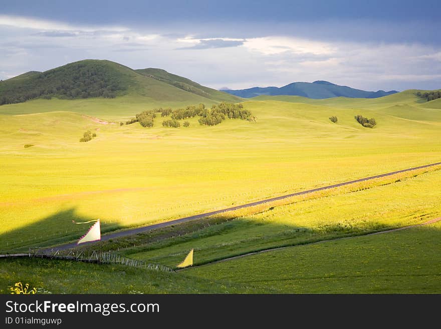 sun set on grassland ,China