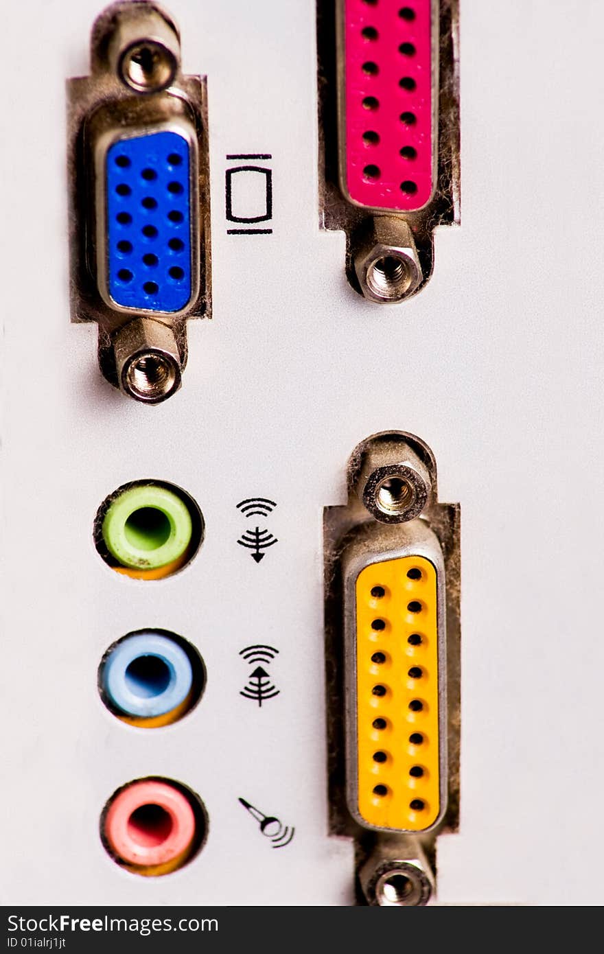 Close up of colorful computer connection sockets. Close up of colorful computer connection sockets