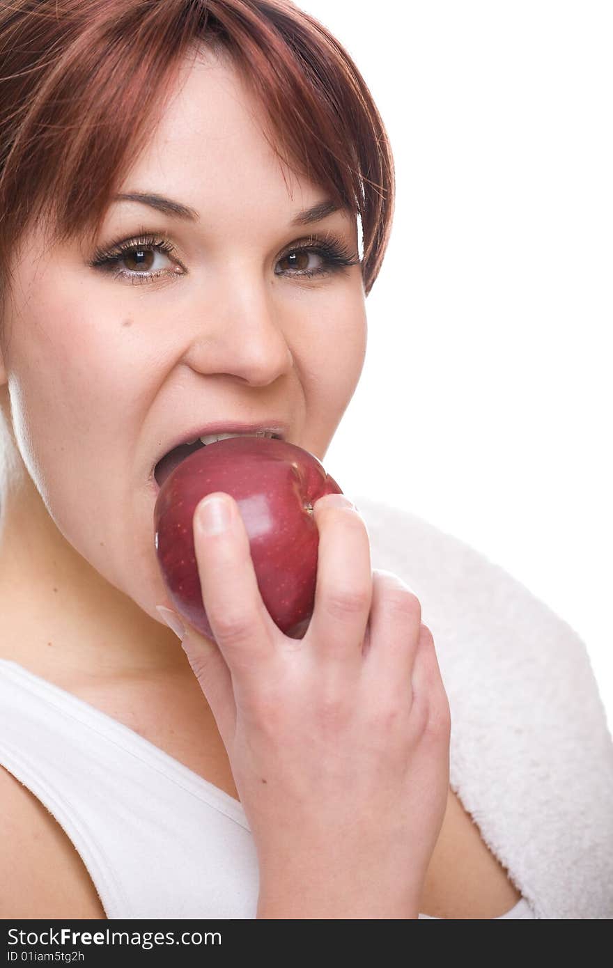 Healthy woman with apple. over white background. Healthy woman with apple. over white background