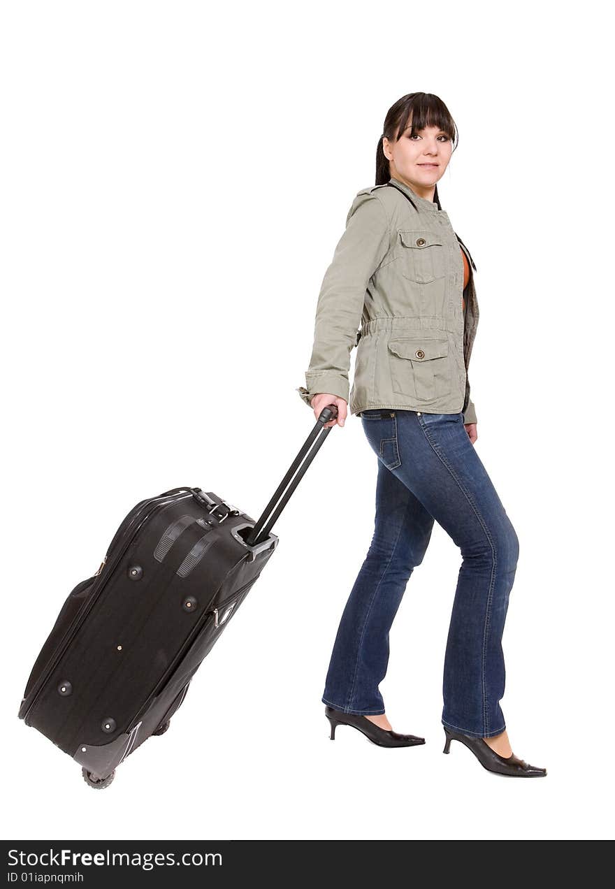 Attractive brunette woman with suitcase. Attractive brunette woman with suitcase