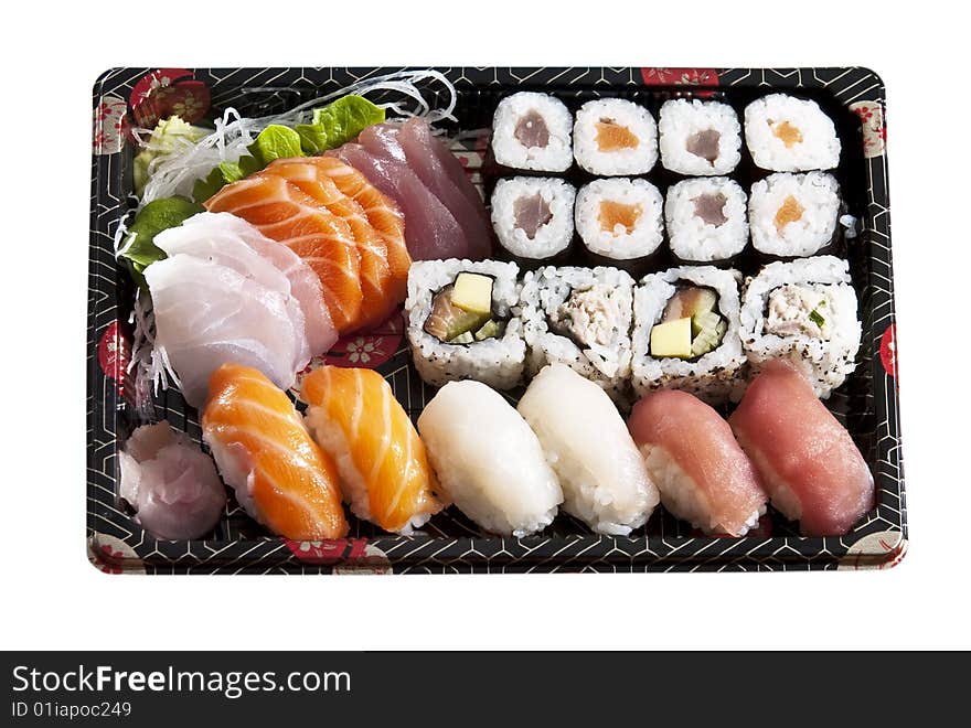 Various types of japanese sushi and sashimi