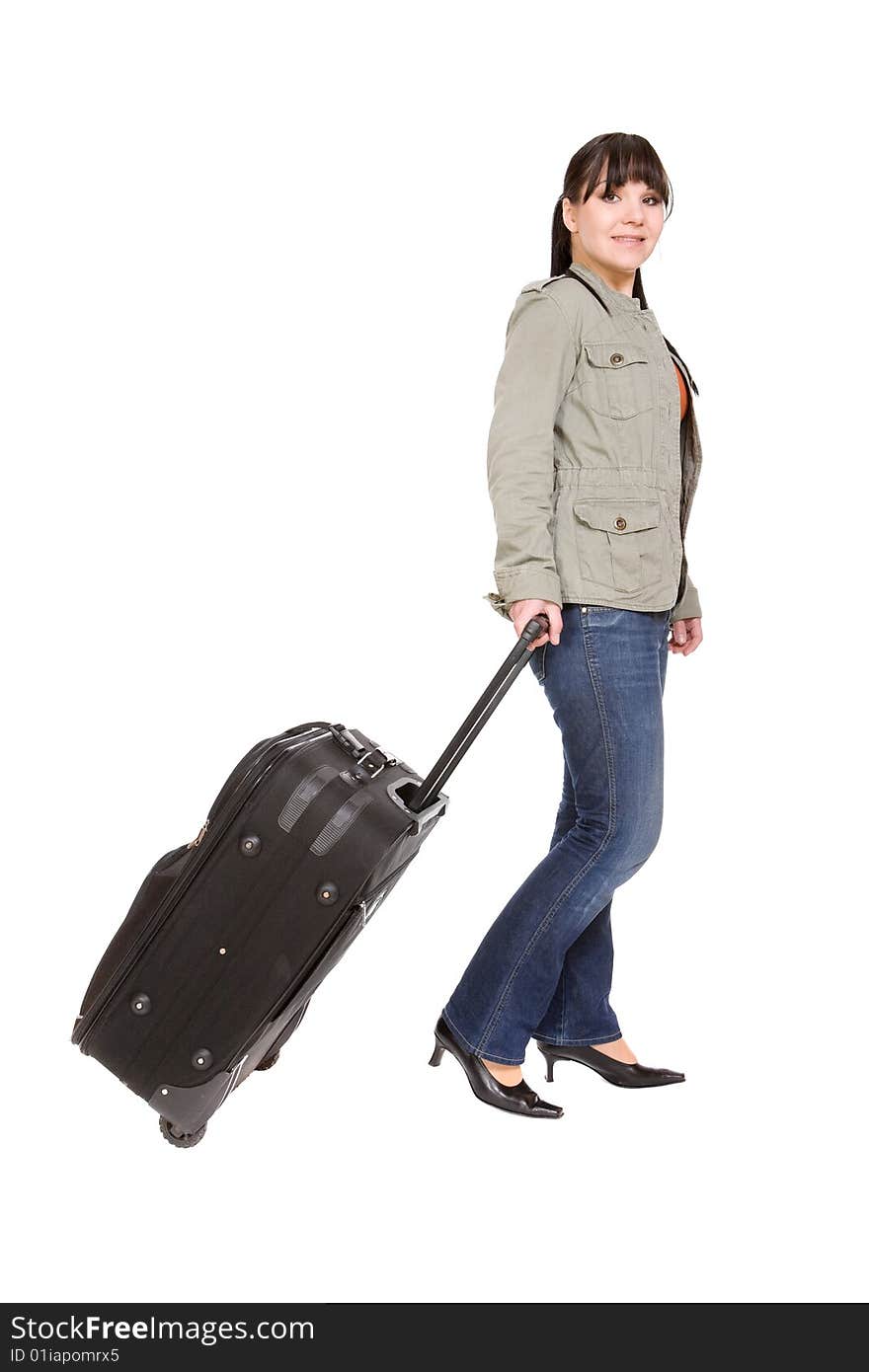 Attractive brunette woman with suitcase. Attractive brunette woman with suitcase