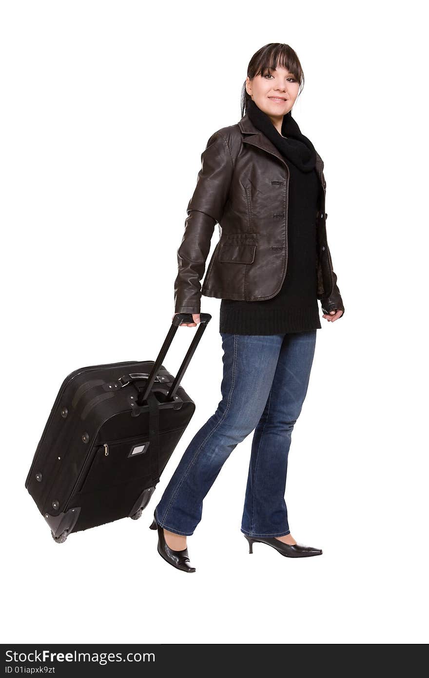 Attractive brunette woman with suitcase. Attractive brunette woman with suitcase