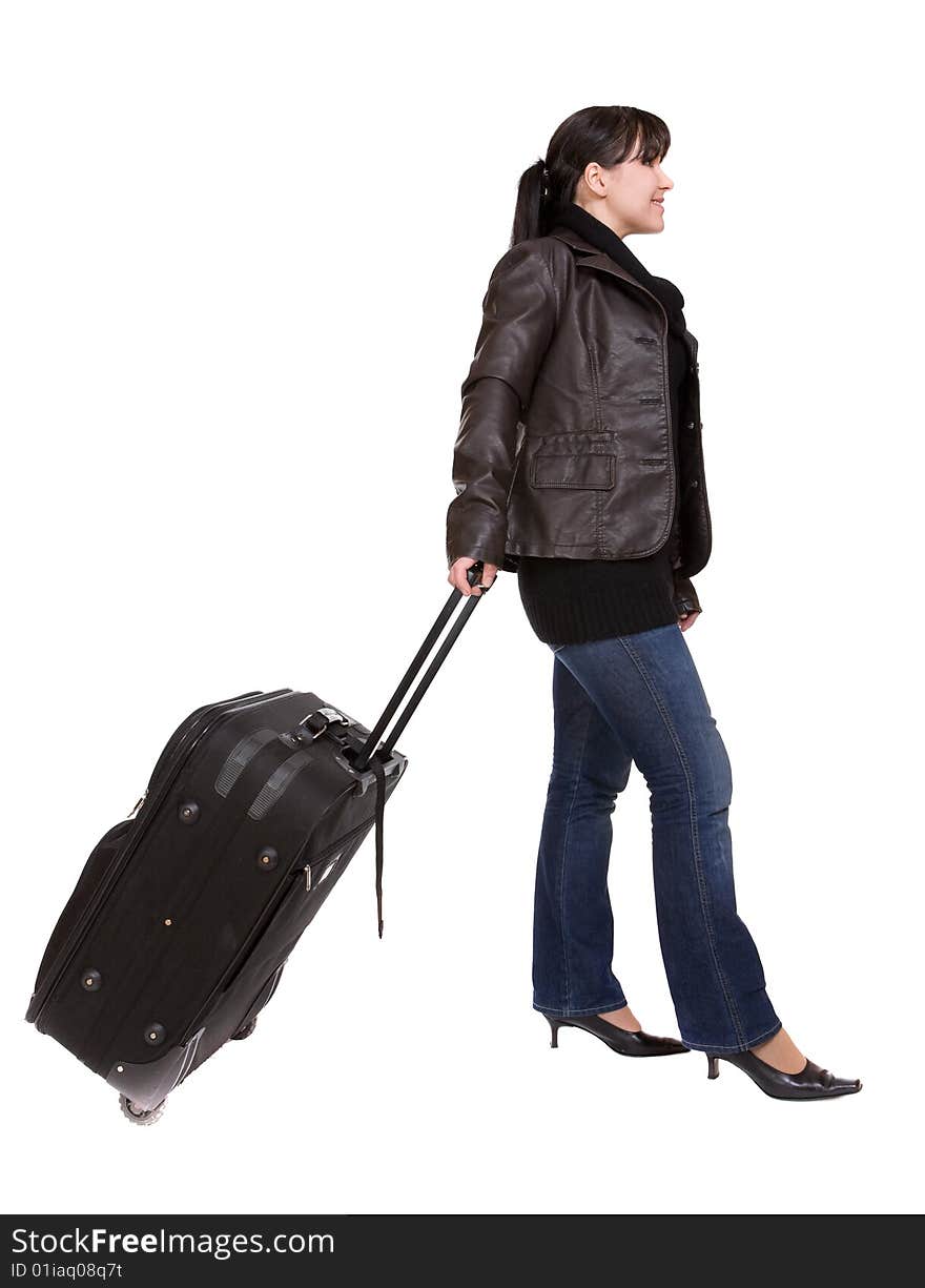 Attractive brunette woman with suitcase. Attractive brunette woman with suitcase