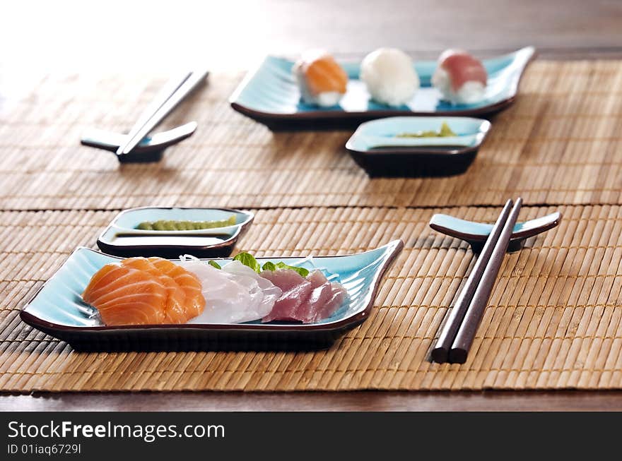 Various types of japanese sushi and sashimi