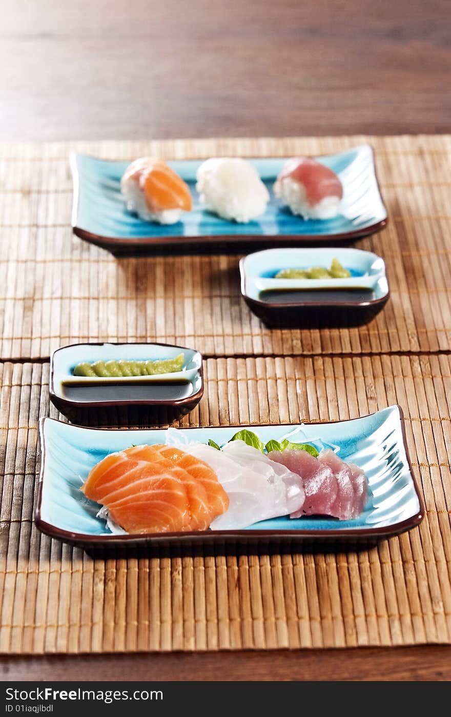 Various types of japanese sushi and sashimi