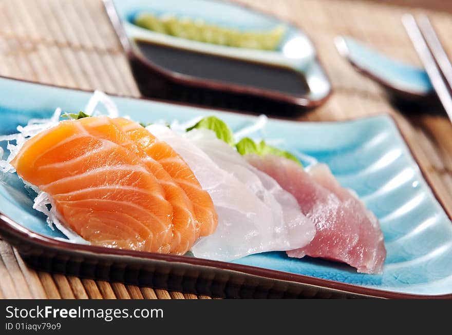 Various types of japanese sushi and sashimi