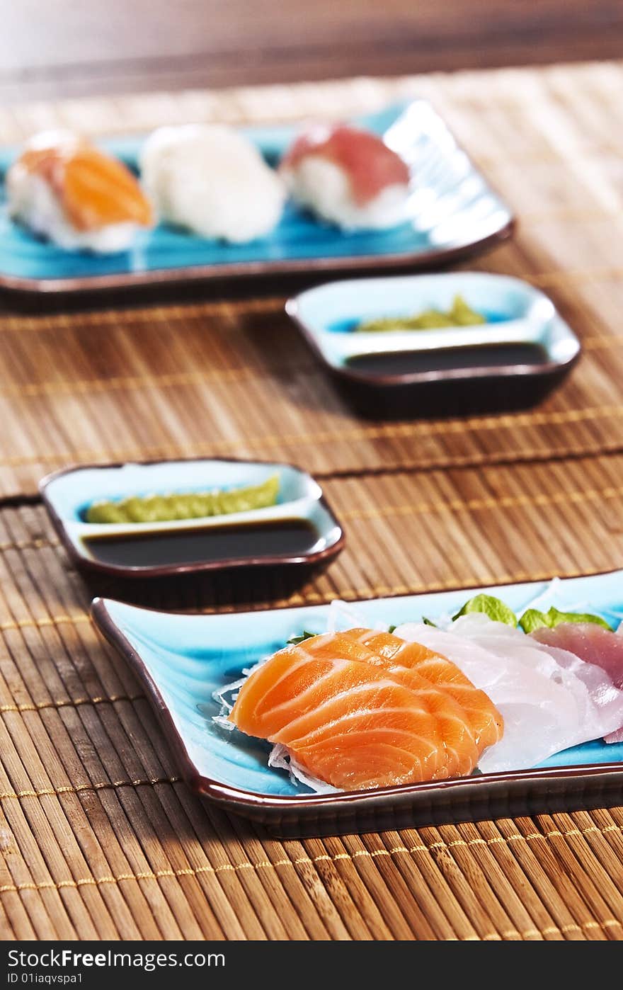 Various types of japanese sushi and sashimi