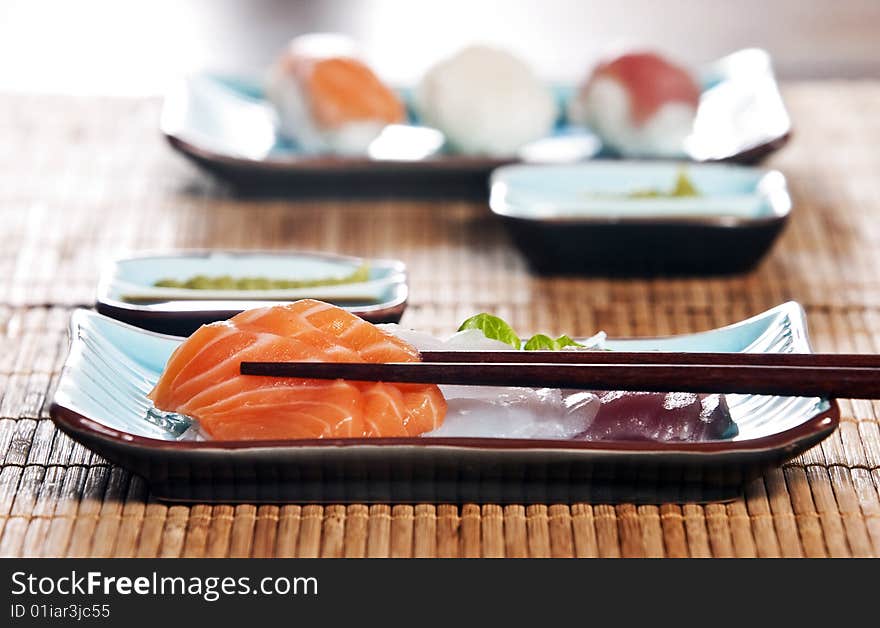 Various types of japanese sushi and sashimi