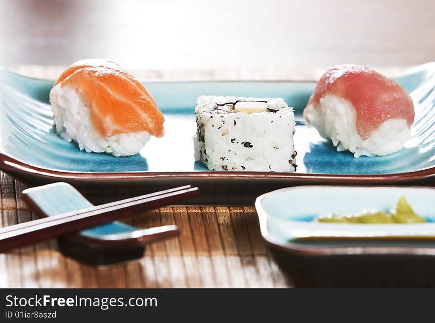 Various types of japanese sushi and sashimi