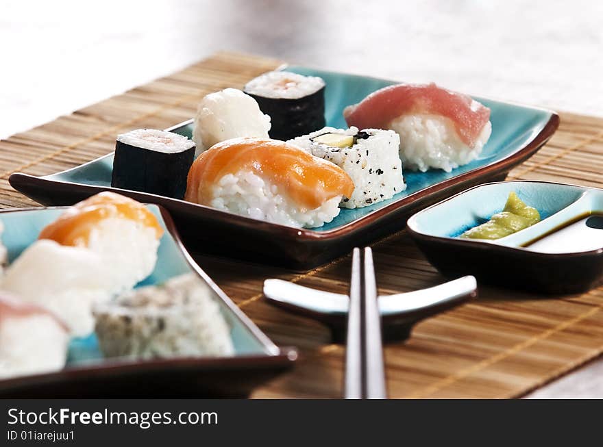 Various types of japanese sushi and sashimi