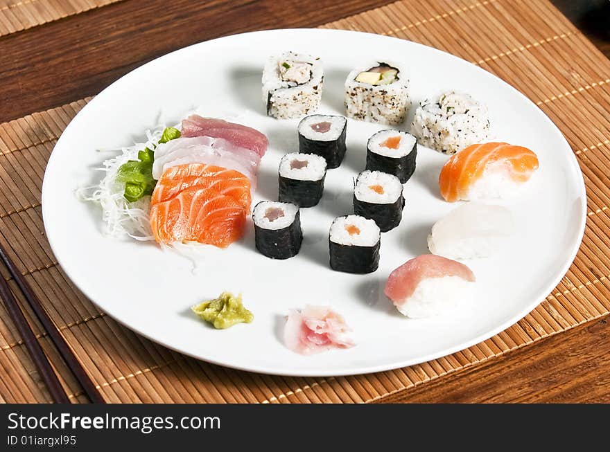 Various types of japanese sushi and sashimi