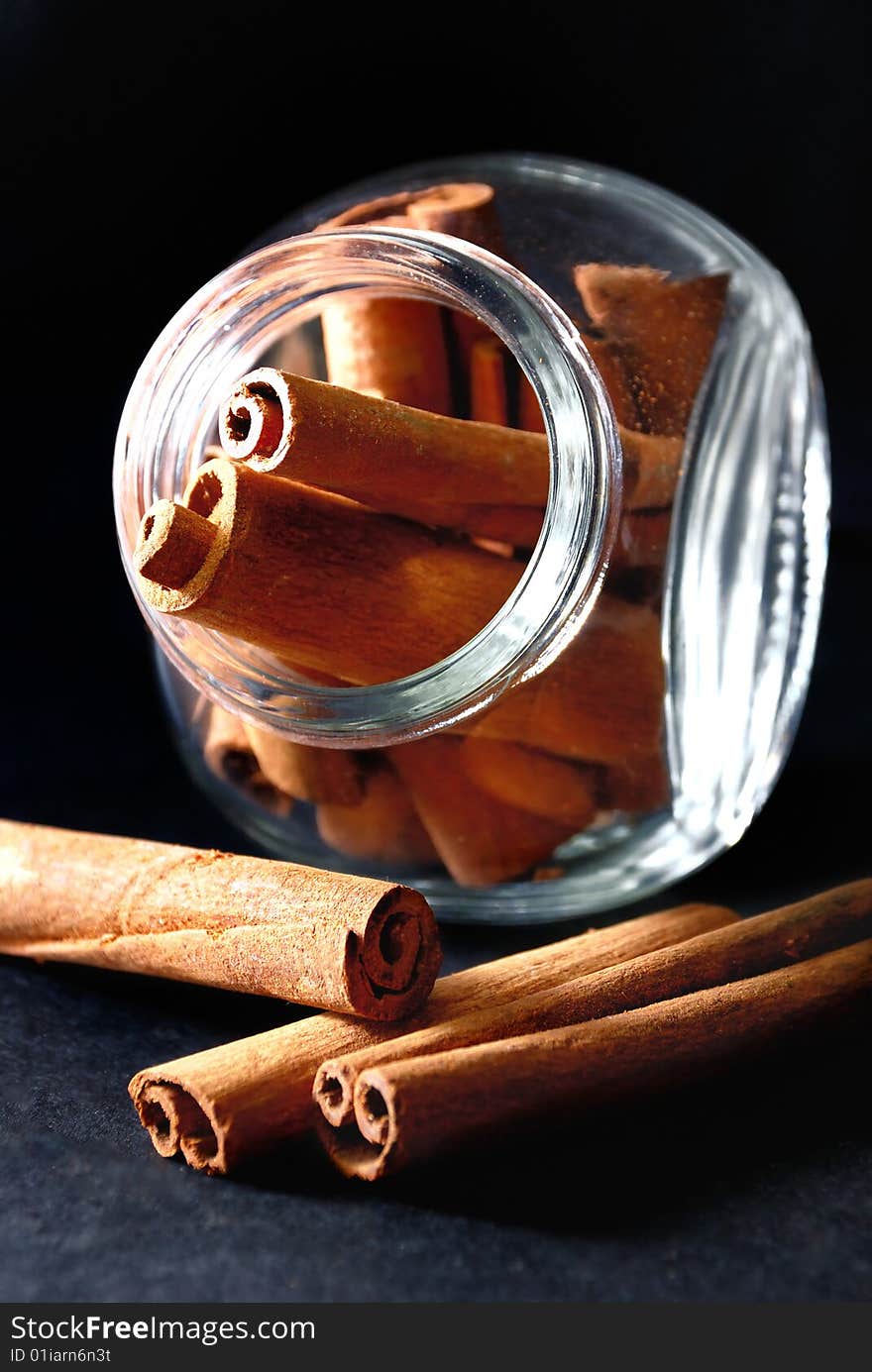 Cinnamon Stick in transparent container. Cinnamon Stick in transparent container