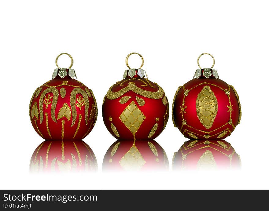 Christmas balls with mirrored reflections against white background