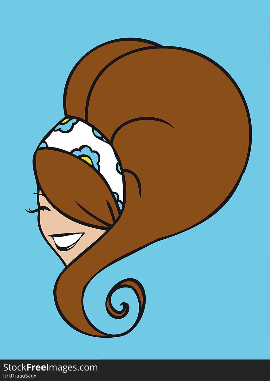 Head of a beautiful brown-haired woman on a light blue background. Color illustration. Head of a beautiful brown-haired woman on a light blue background. Color illustration