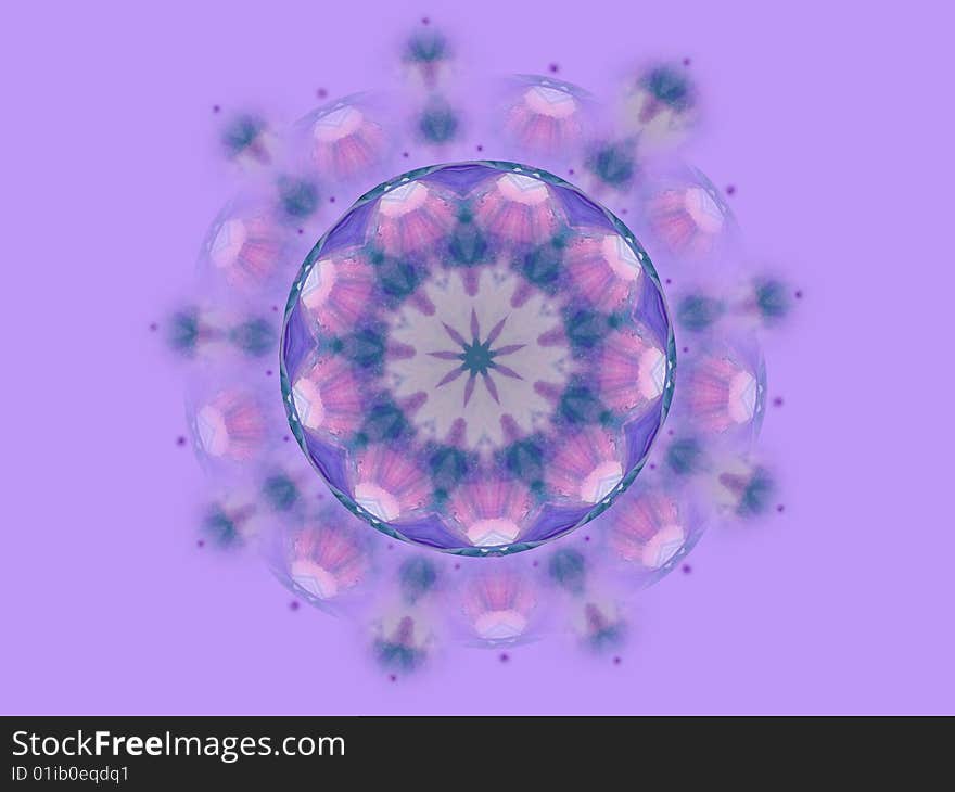 Mandala type geometric abstract in purple and blue, resembles coneflowers and carnations