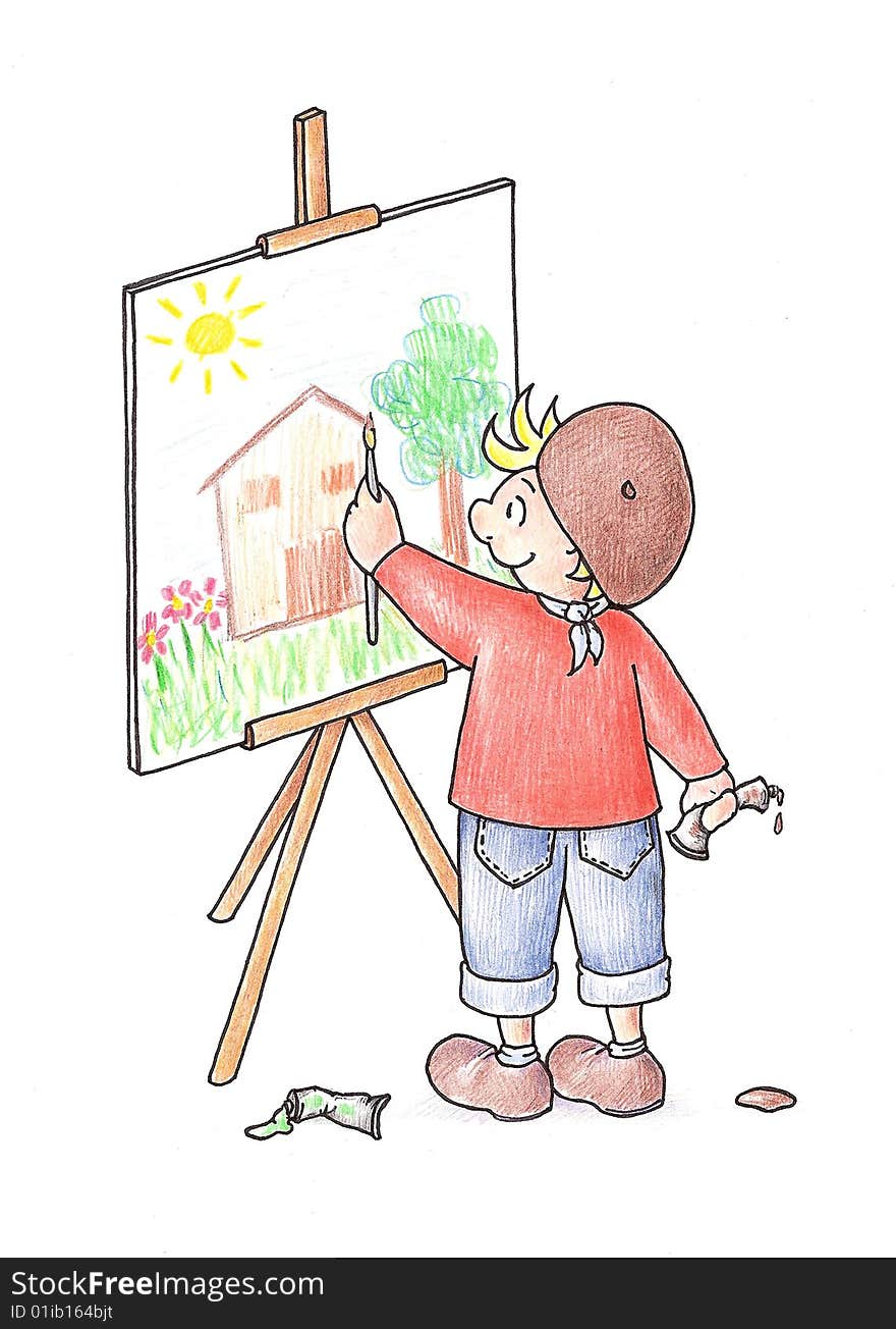 Kid painting on a canvas