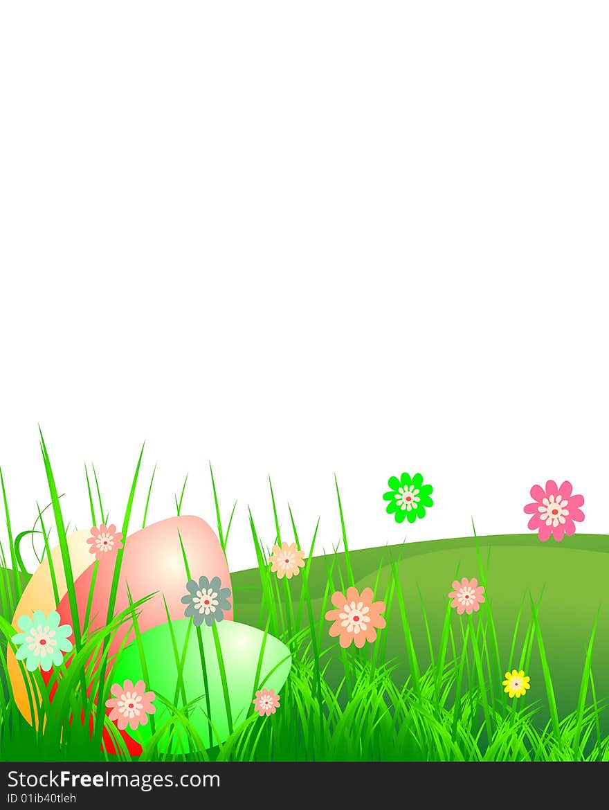 Easter landscape with flowers and eggs, vector illustration