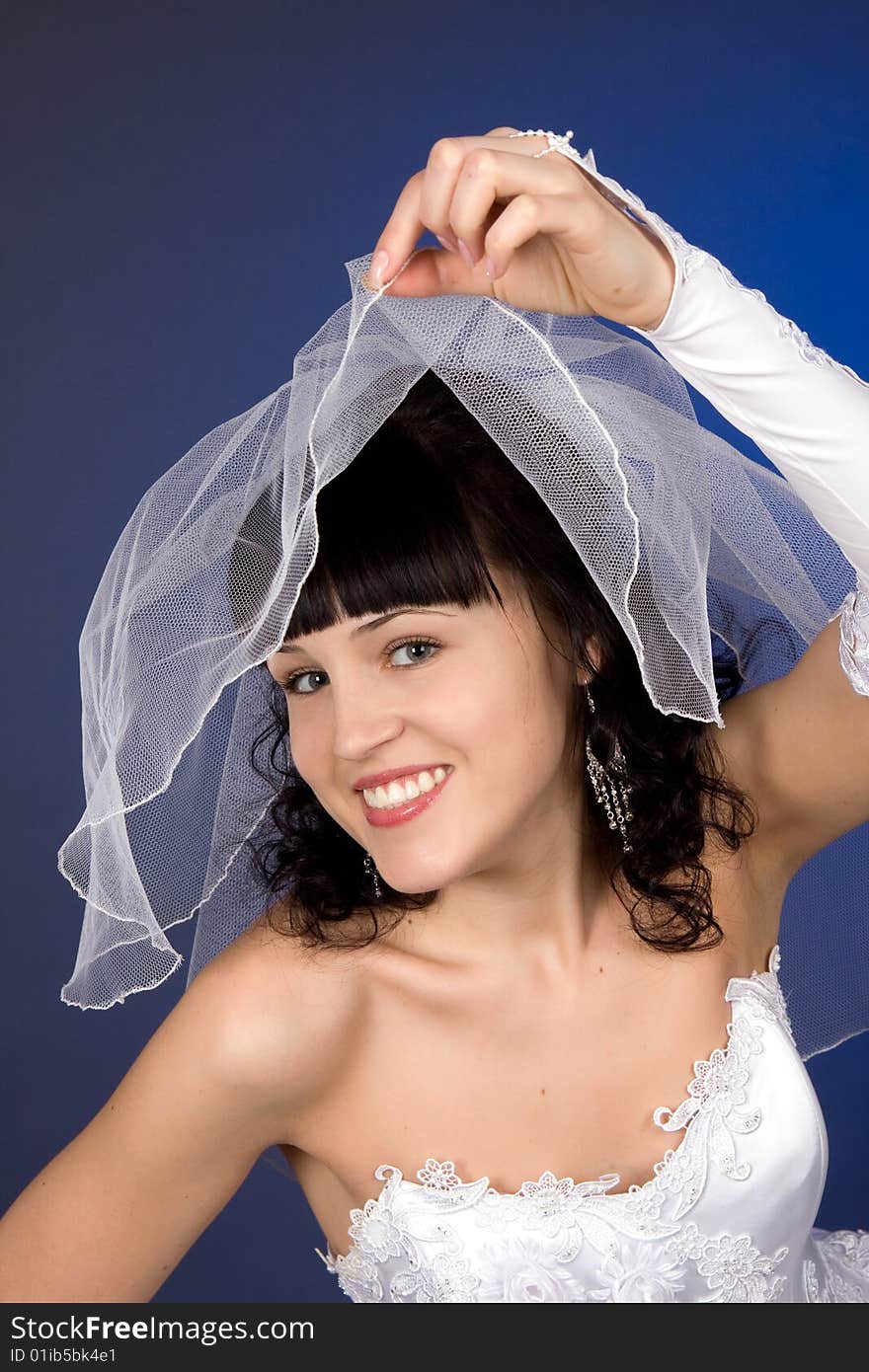 Studio portrait of a beautiful brunette bride against blue background